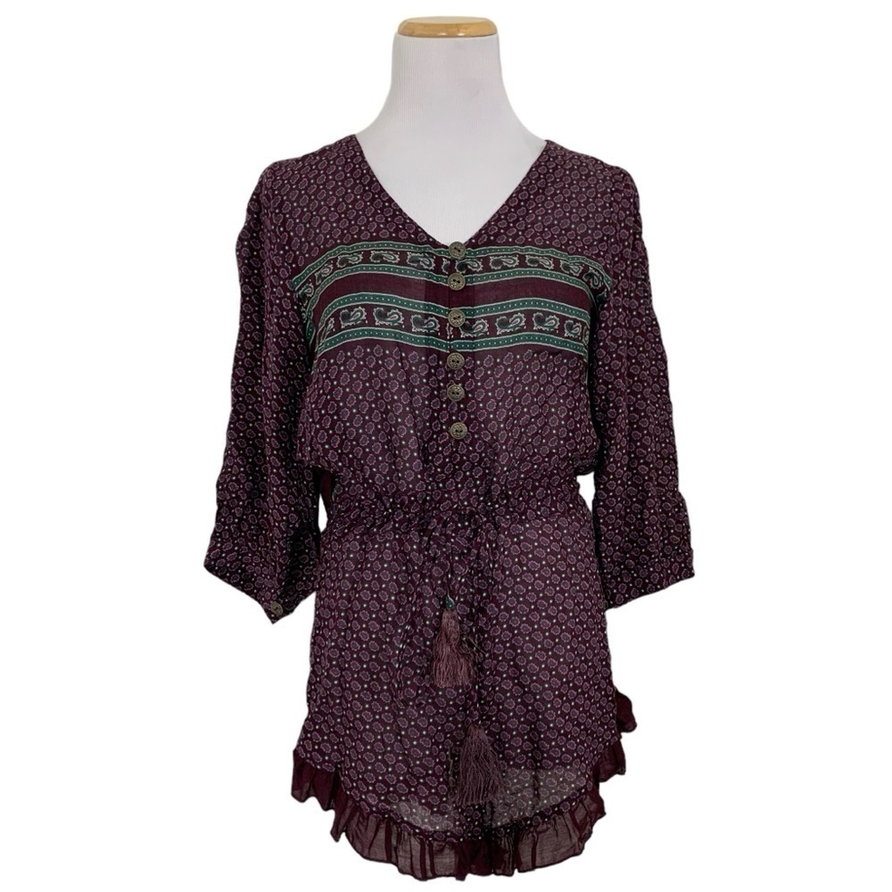 NWT Sky Silk Blend Paisley Boho Romper Size XS Maroon 3/4 Sleeve Ruffle Hem